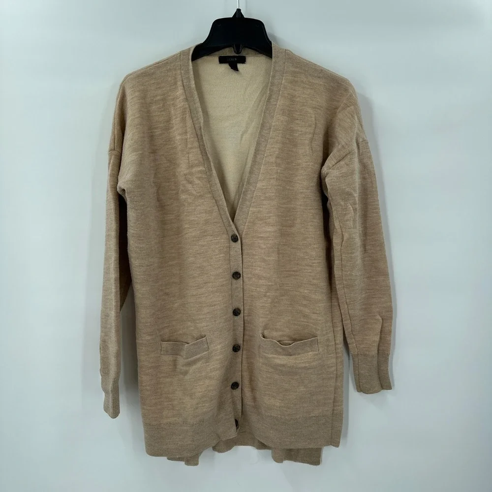 J.Crew Cardigan‎ Womens Small Beige Longline Sweater Wool Blend Academia Coastal
